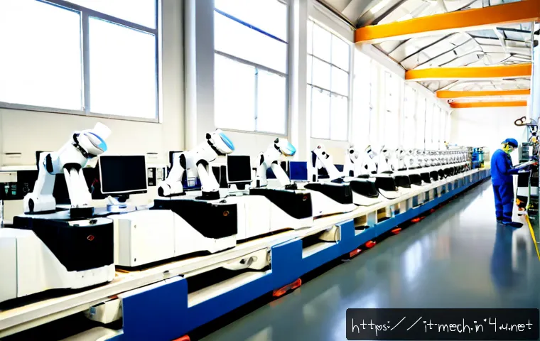 기계공학 기계산업동향 - Photorealistic advanced mechanical engineering factory in northern Italy, robotic arms assembling pr...